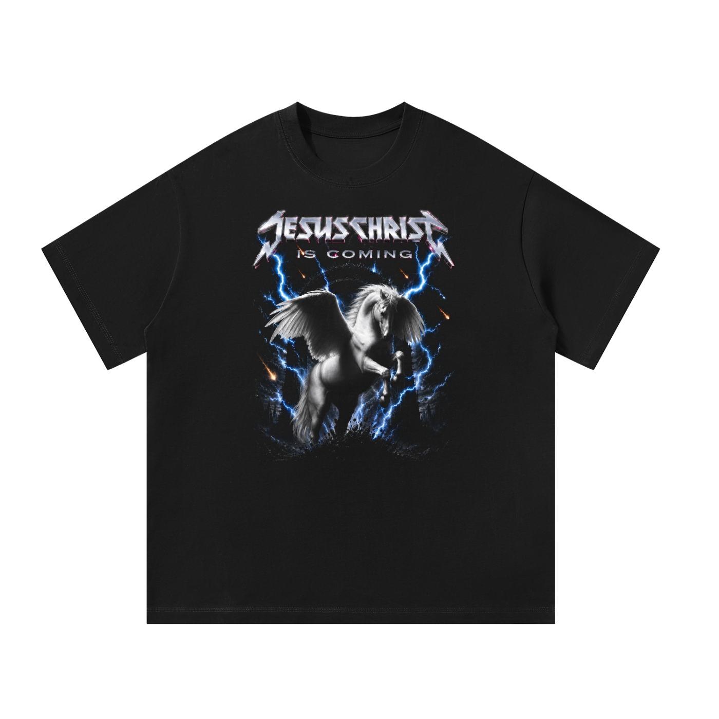 Jesus Christ Is Coming Metal Horse oversized Christian t-shirt in black with prophetic horse graphic streetwear design.