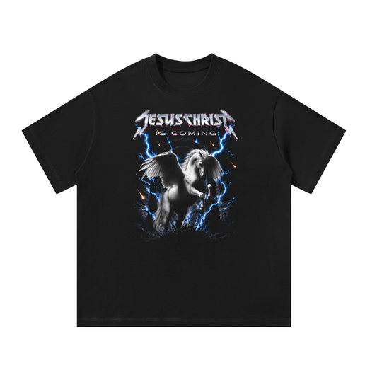 Jesus Christ Is Coming Metal Horse oversized Christian t-shirt in black with prophetic horse graphic streetwear design.