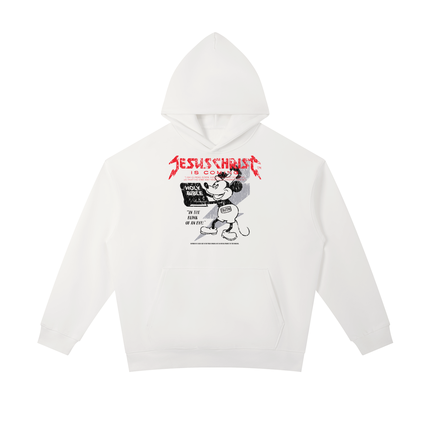 Premium oversized Christian streetwear hoodie inspired by vintage public domain mouse art featuring bold faith-based graphics, heavyweight cotton fabric, relaxed unisex fit, and modern Christian fashion aesthetic by Jesus Christ Is Coming