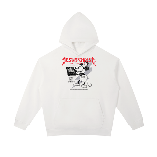 Premium oversized Christian streetwear hoodie inspired by vintage public domain mouse art featuring bold faith-based graphics, heavyweight cotton fabric, relaxed unisex fit, and modern Christian fashion aesthetic by Jesus Christ Is Coming