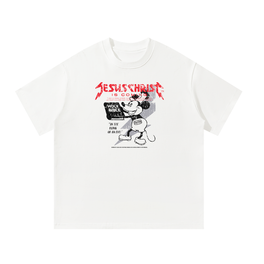 Premium oversized Christian streetwear t-shirt inspired by vintage public domain mouse art featuring bold faith-based graphics, heavyweight cotton fabric, relaxed unisex fit, and modern Christian fashion aesthetic by Jesus Christ Is Coming.